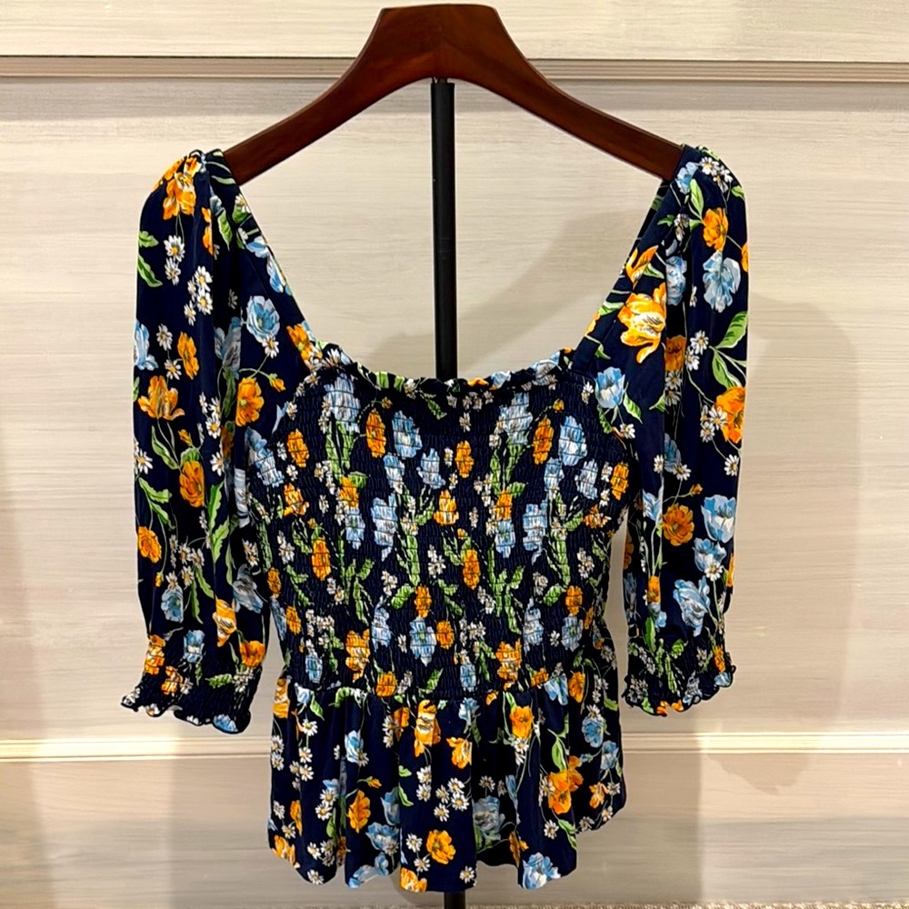 Draper James Blue and Yellow Smocked Peplum Blouse